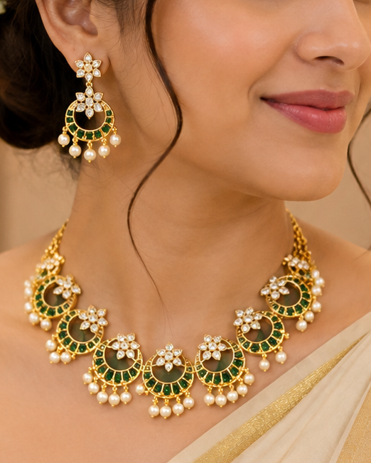 A woman wearing a traditional Indian gold and green jewelry set, including a necklace and matching earrings, styled with a cream saree.