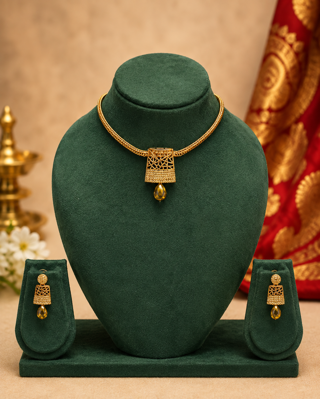 Gold CZ Pave Geometric Square Lattice Pendant Rope Chain Choker Necklace Set | OG8