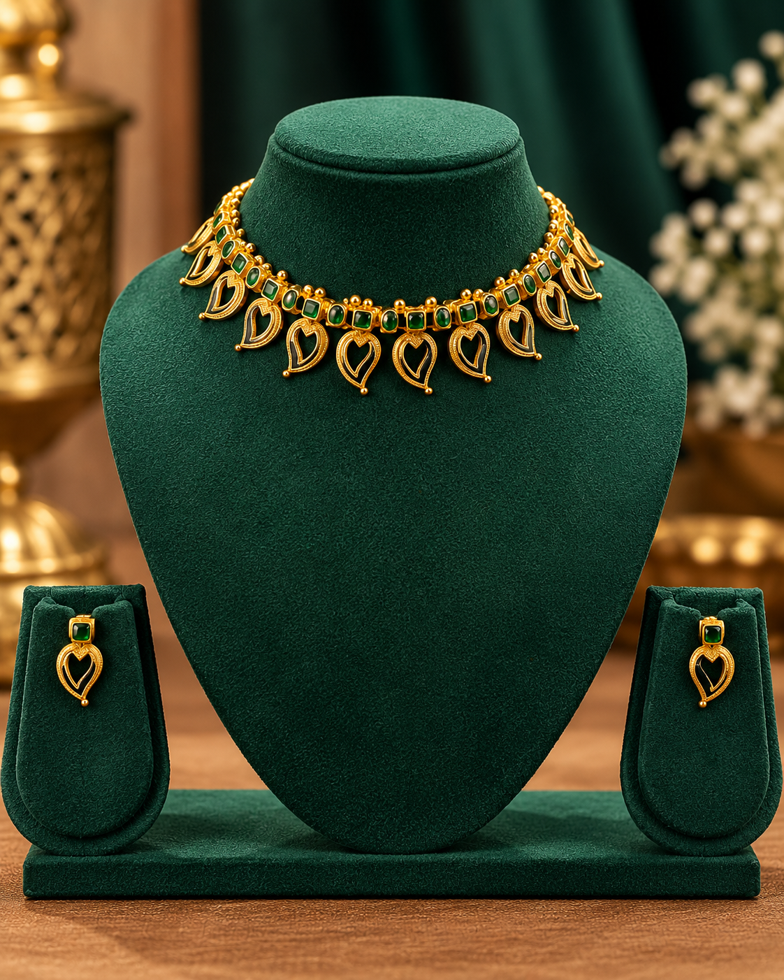 Gold Plated Stone Choker Necklace Set with & Matching Earrings |  OL06