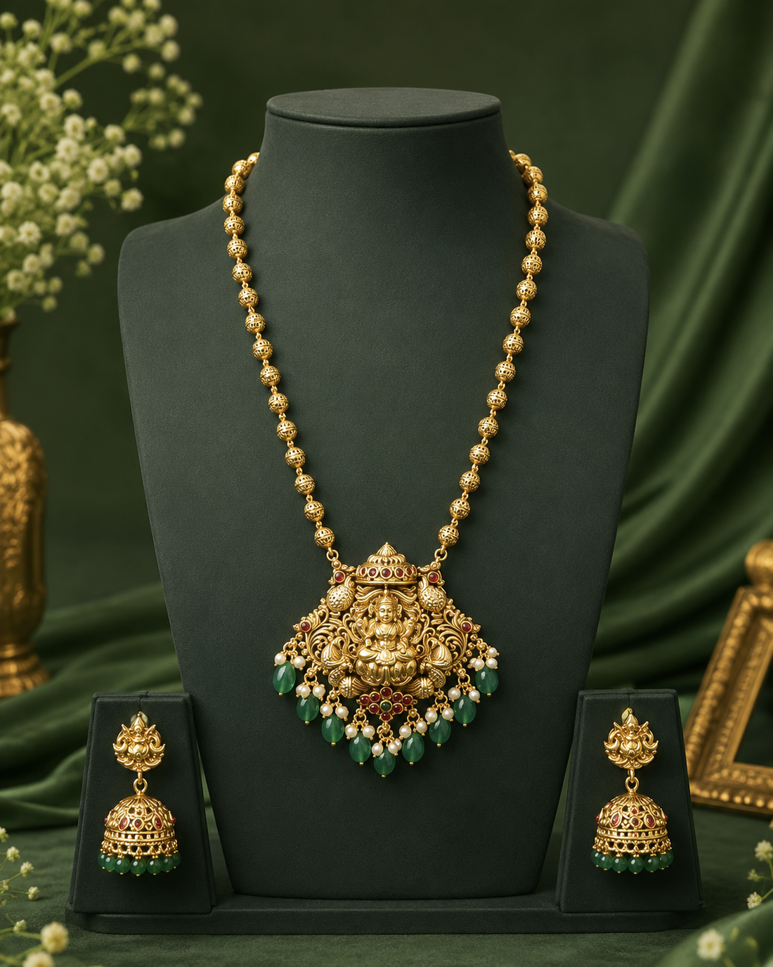 Antique Gold Goddess Lakshmi Temple Pendant Long Necklace Set | OL102