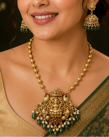 Antique Gold Goddess Lakshmi Temple Pendant Long Necklace Set | OL102