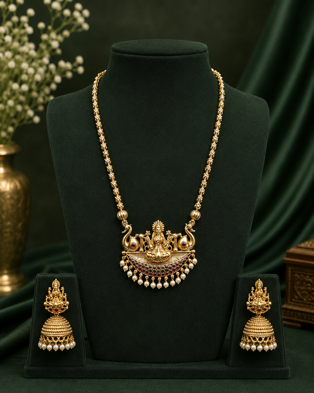 Antique Gold Goddess Lakshmi Double Peacock Temple Necklace Set | OL109