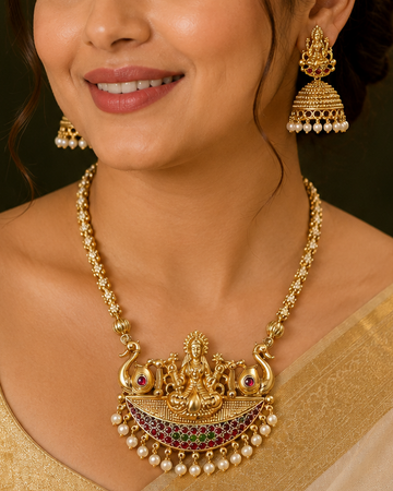 Antique Gold Goddess Lakshmi Double Peacock Temple Necklace Set | OL109
