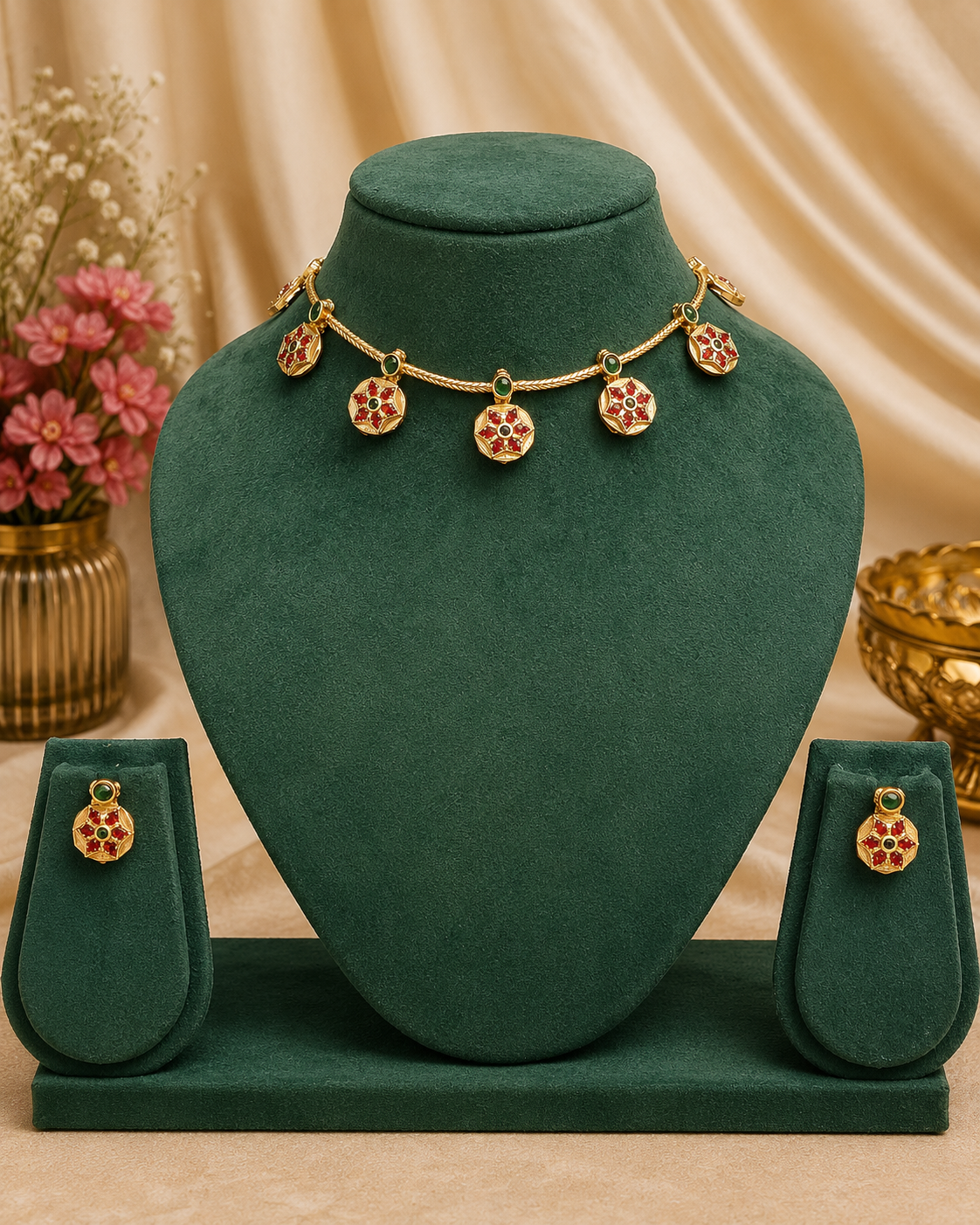 Gold Ruby Emerald Octagon Floral Disc Choker Necklace Set | OL125
