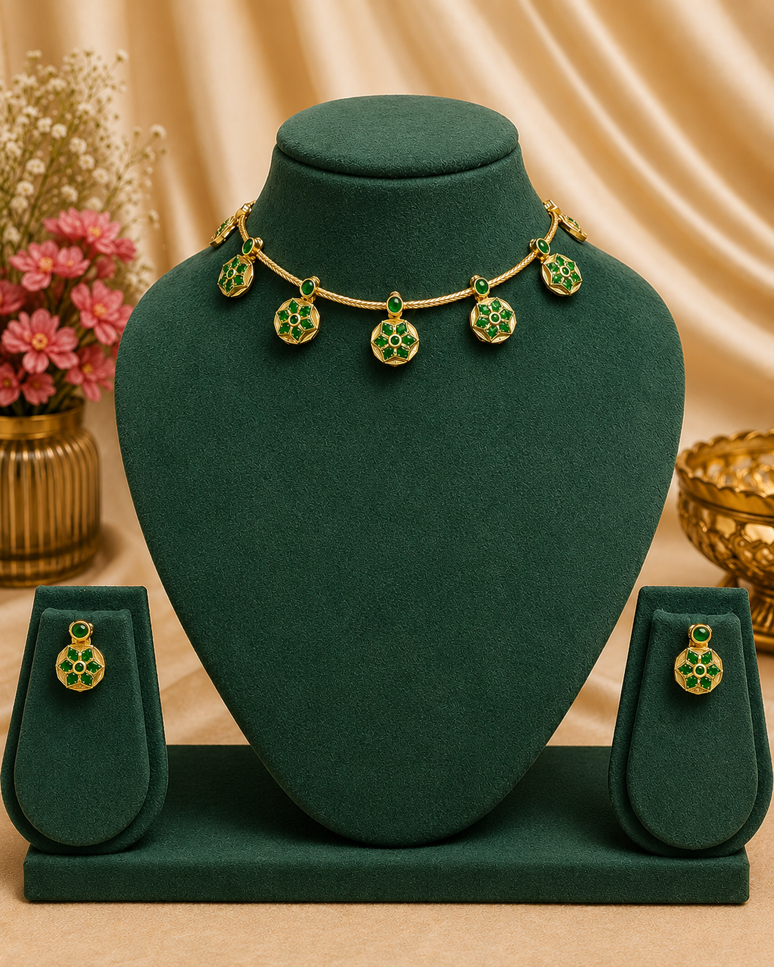 Gold Ruby Emerald Octagon Floral Disc Choker Necklace Set | OL125
