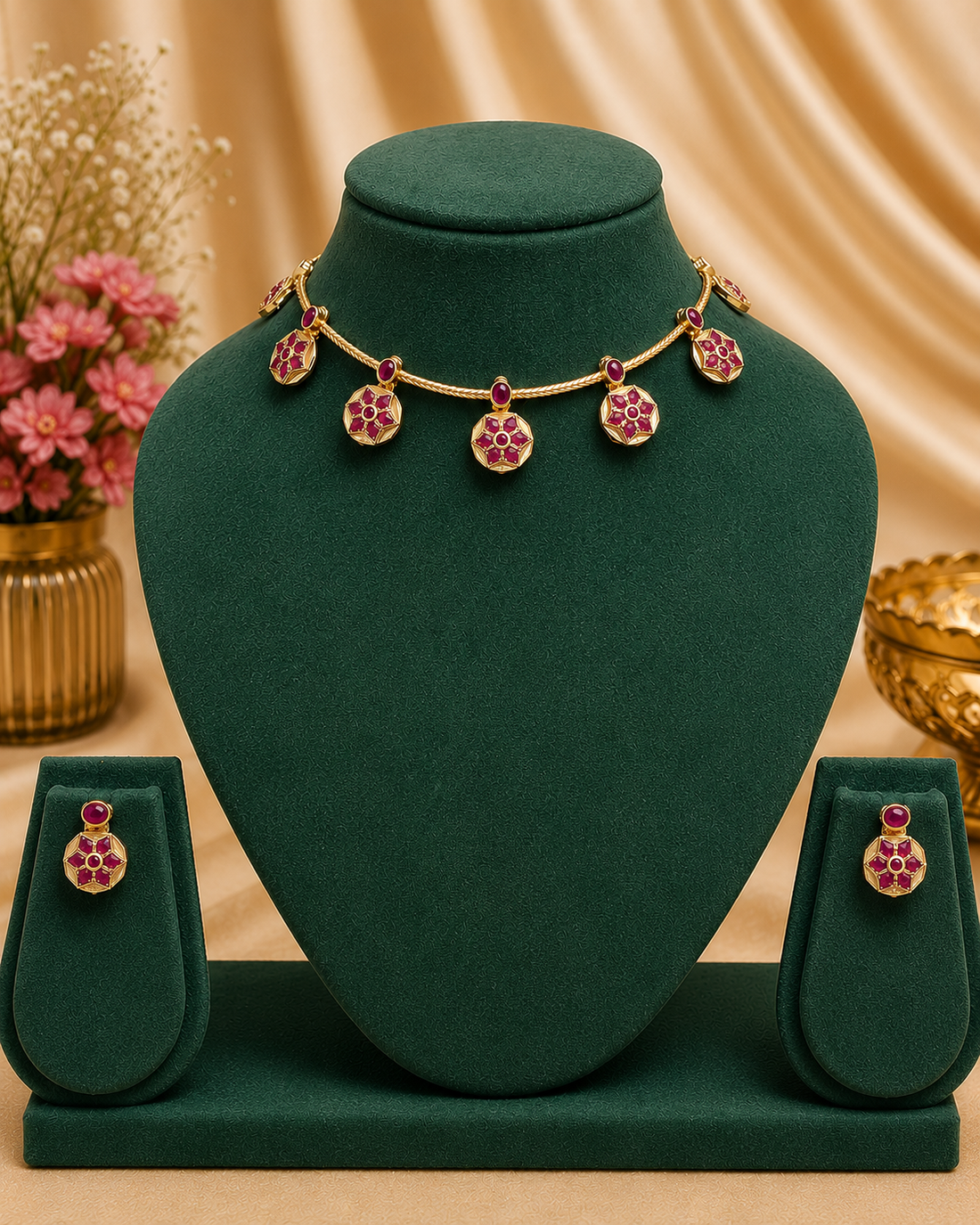A woman wearing a gold-toned necklace and matching earrings with pink stone accents, styled with a light beige saree against a warm beige indoor backdrop.