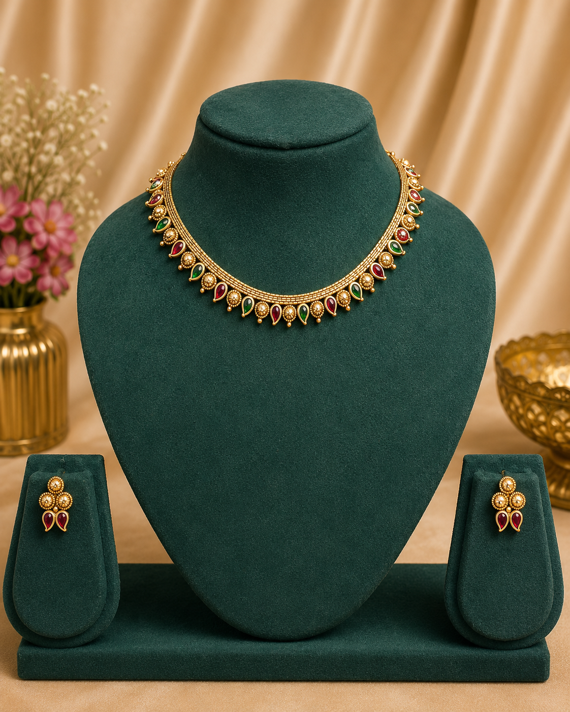 Gold-toned jewelry set displayed on a dark green velvet mannequin bust, including a necklace with red and green teardrop stones, matching earrings, and a stand, against a beige draped backdrop with decorative flowers.
