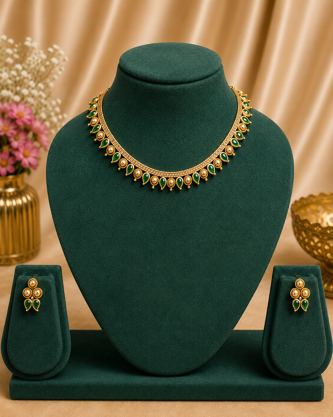 A woman wearing a gold-toned traditional necklace with green and red stones, matching earrings, and a cream-colored saree, shown in a warm indoor setting.