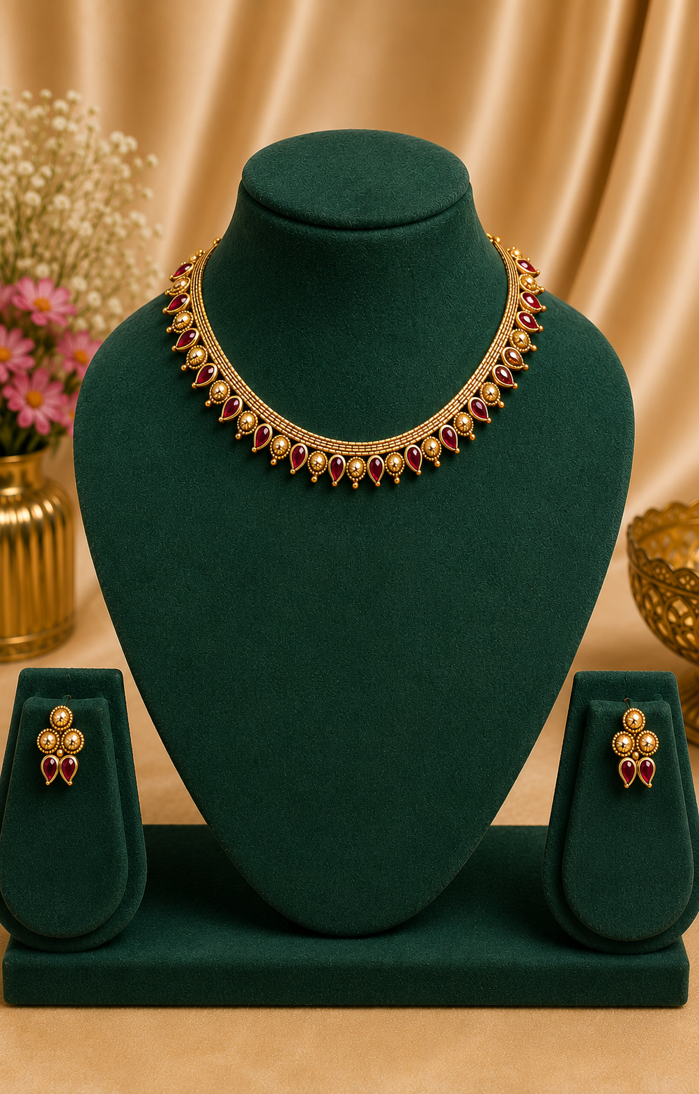 Gold Ruby Emerald Teardrop Granule Fringe Choker Necklace Set | OL134