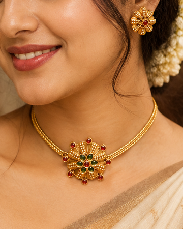 A woman wearing a gold floral necklace and matching gold earrings, styled with a cream and gold saree, in a warm, traditional indoor setting with lit oil lamps.