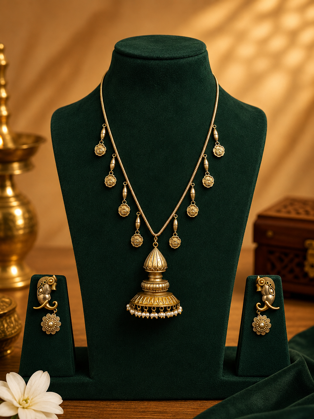 Antique GOLD & SILVER Jhumka Pendant Necklace Set with Ear Hooks | OL234