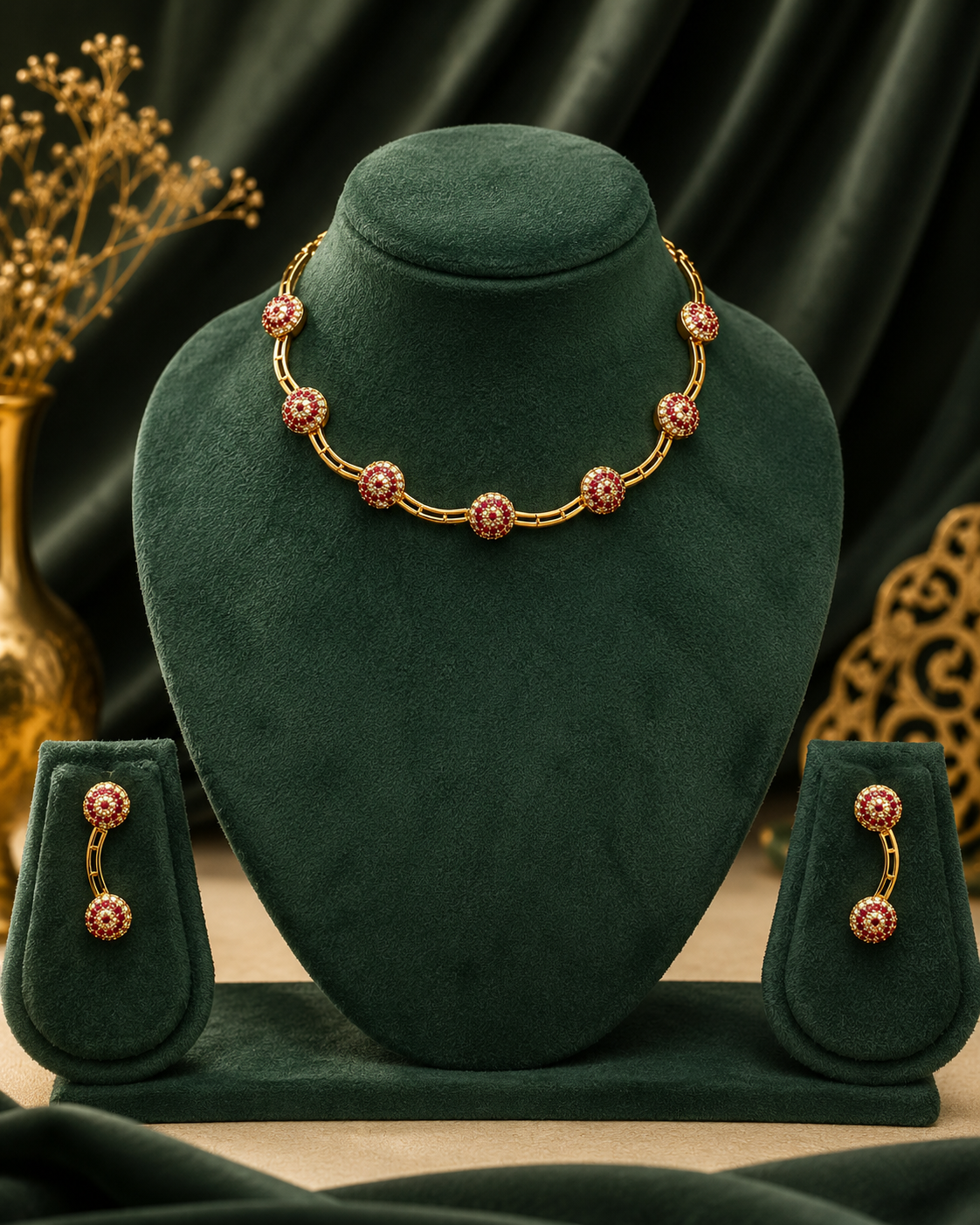 Ruby CZ Dome Choker Set with Earrings  | OL257