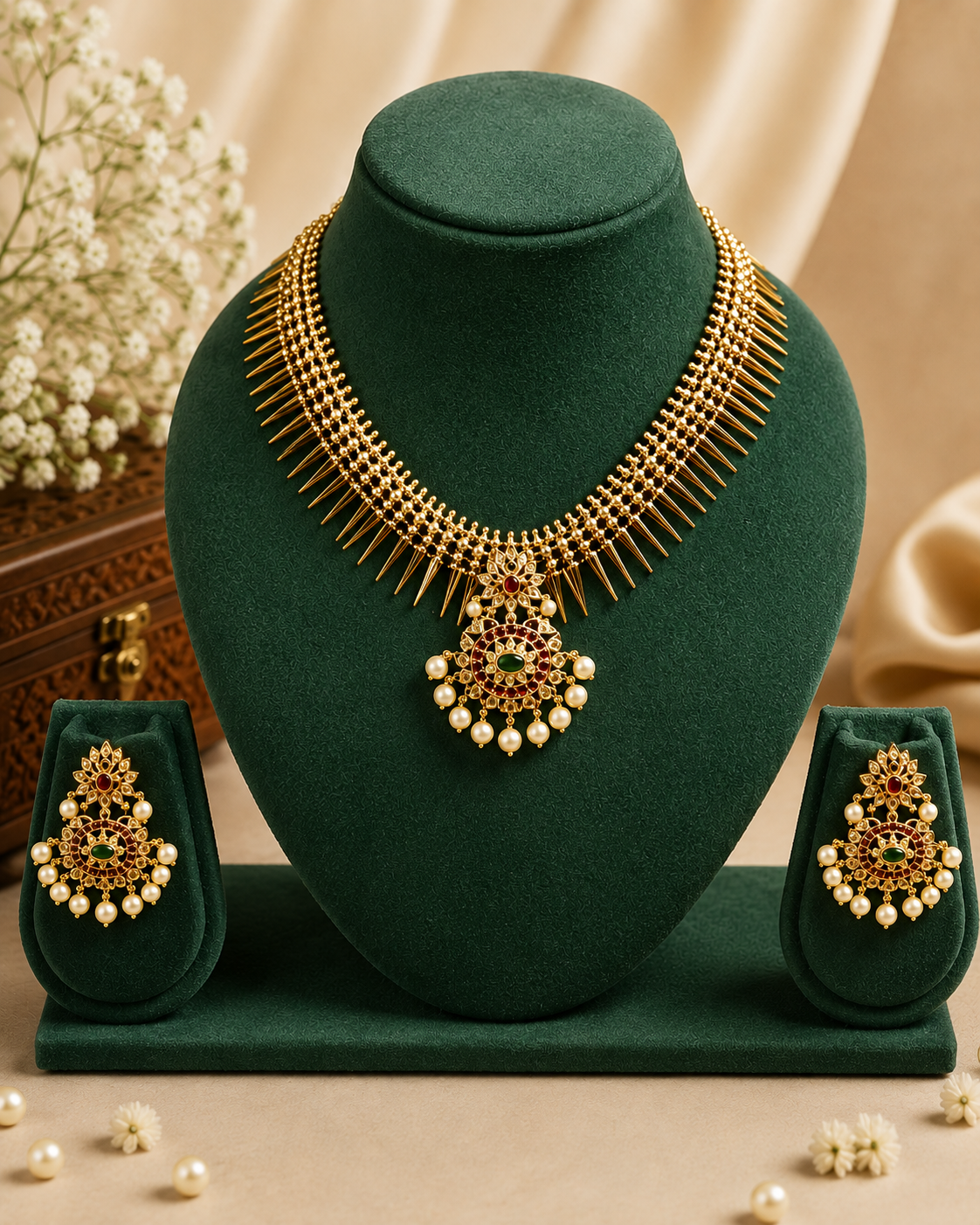 Gold-toned traditional Indian jewelry set including a multi-strand necklace, pendant, and matching earrings displayed on a dark green velvet jewelry stand against a beige draped fabric background.