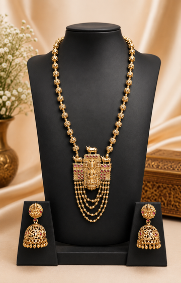 Antique Gold Lord Vishnu Nandi Temple Pendant Granule Bead Necklace Set - PATTERN 2 | OL78