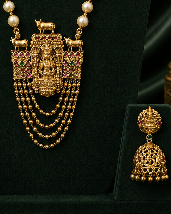 Antique Gold Lord Vishnu Nandi Temple Pendant Pearl Necklace Set - Pattern 1 | OL78