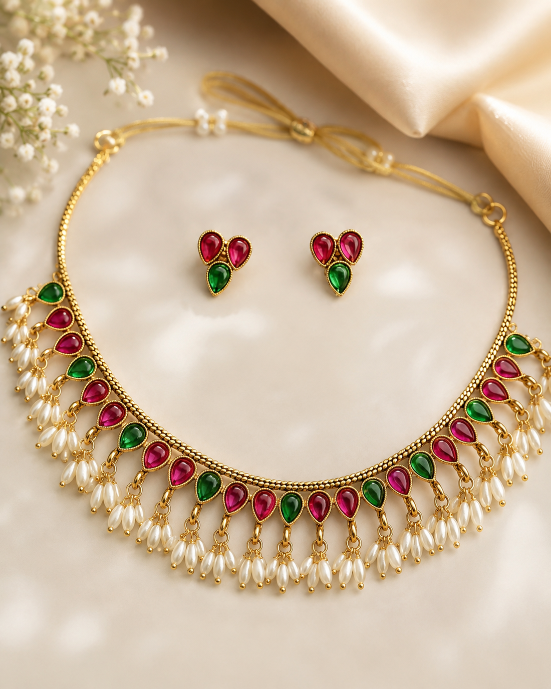 A woman wearing a gold-toned traditional necklace with red stones and white pearl-like drops, paired with matching red and gold earrings, in a warm neutral indoor setting.