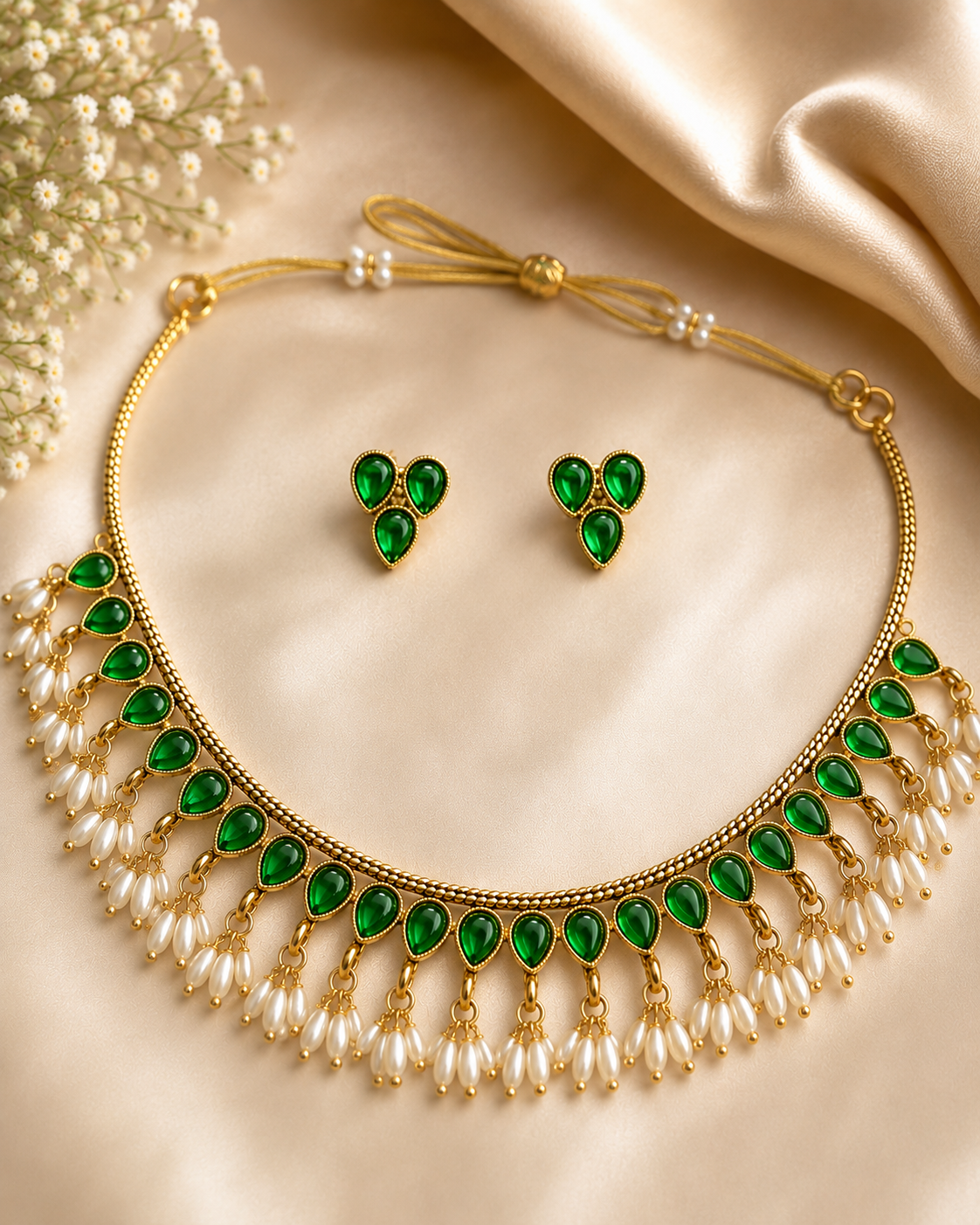 Kemp Emerald Pearl Drop Necklace Set with Earrings | OLDZN11