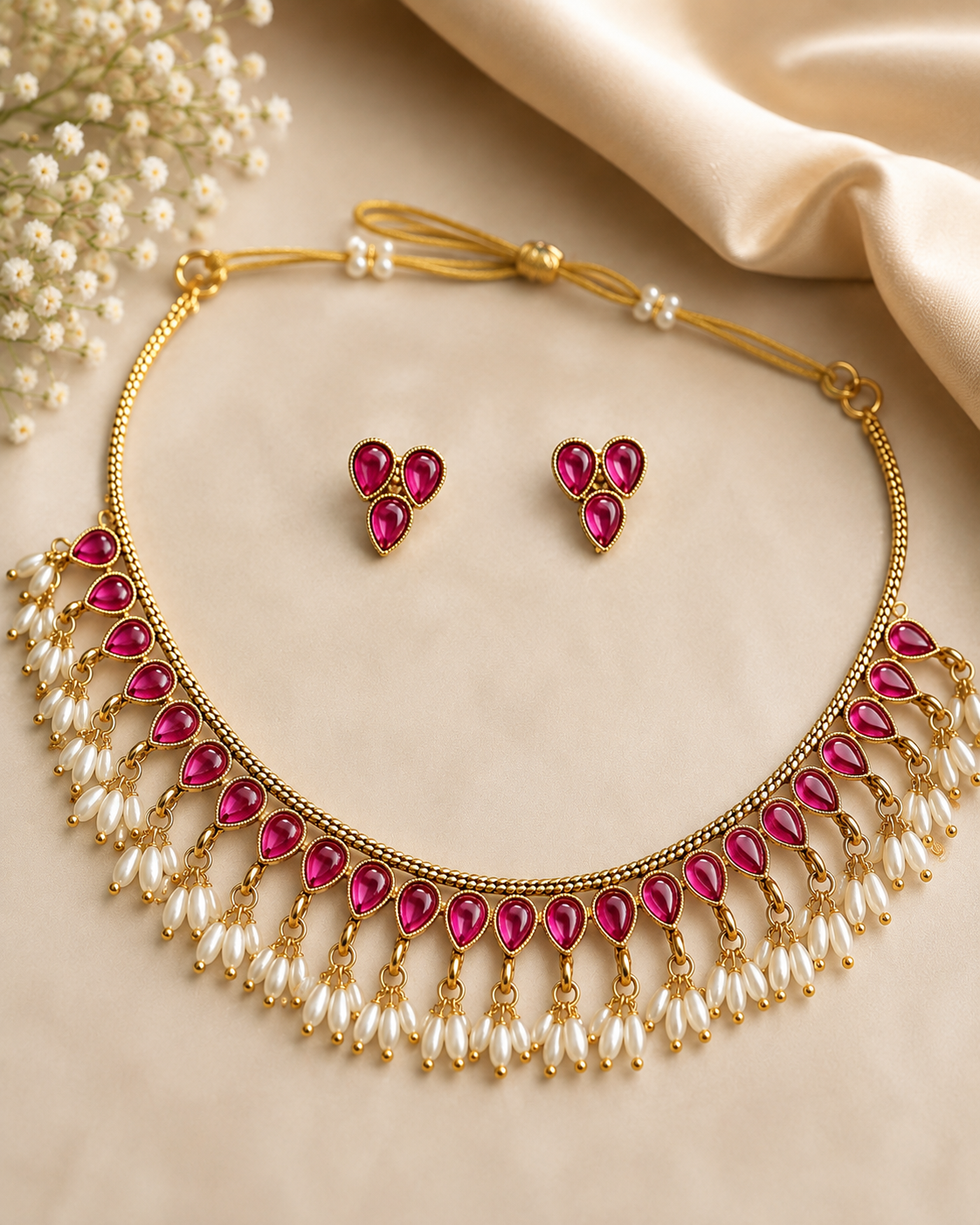 Kemp Emerald Pearl Drop Necklace Set with Earrings | OLDZN11