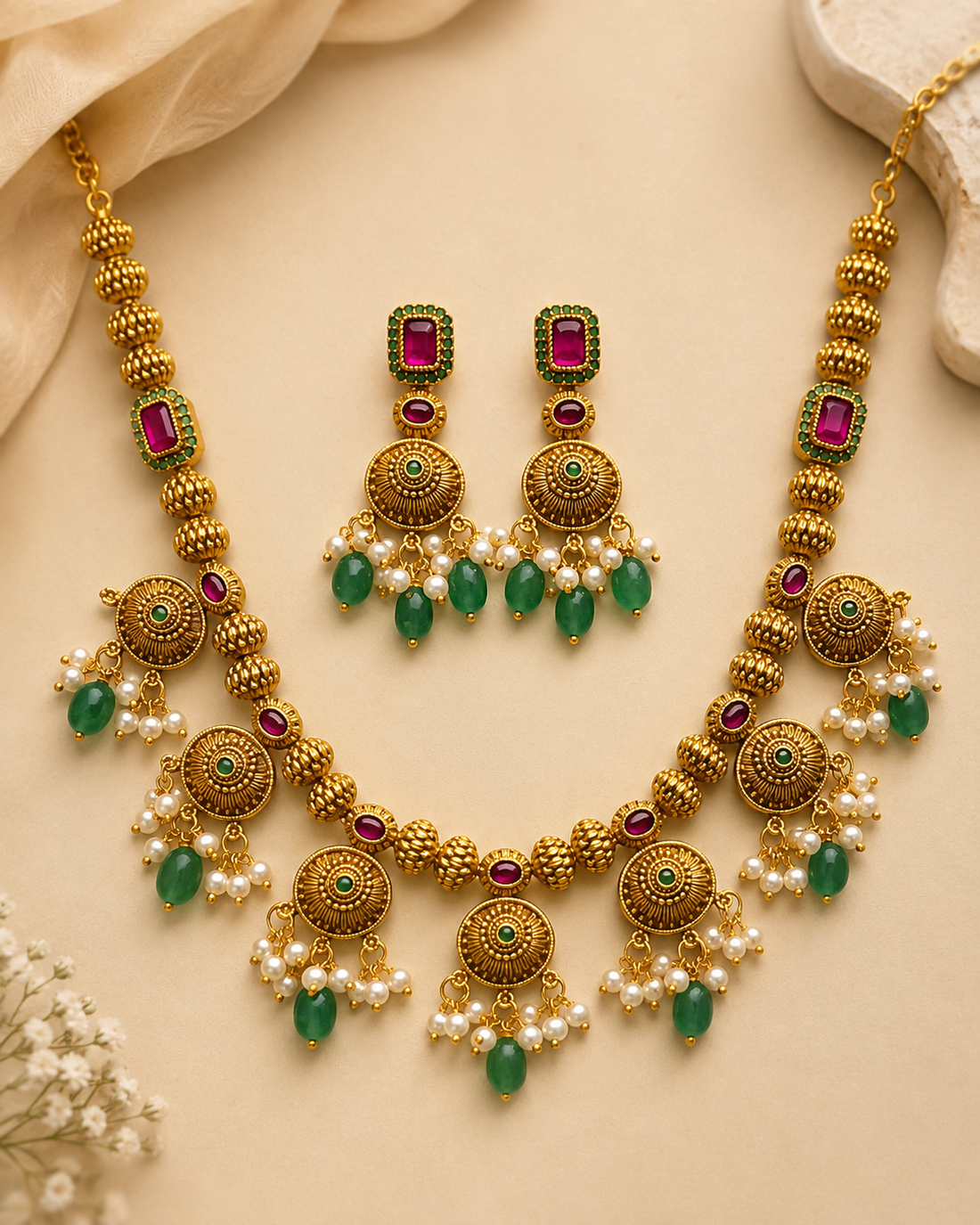 A woman wearing an ornate gold-toned traditional necklace with red stones and pearl-like accents, matching drop earrings, and a cream sari against a softly blurred beige background.