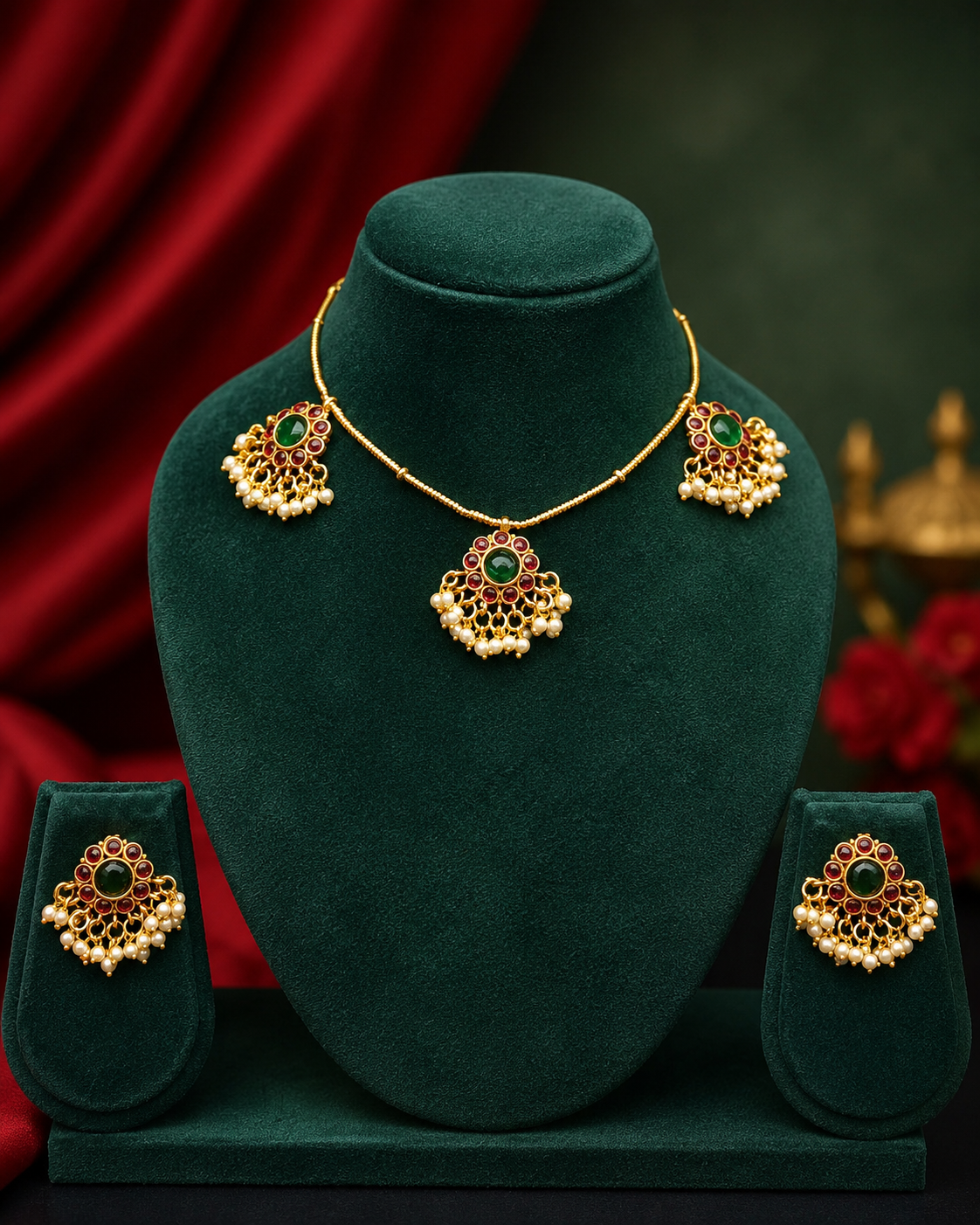 Kemp Emerald Temple Necklace Set with Pearl Drops | OLDZN1