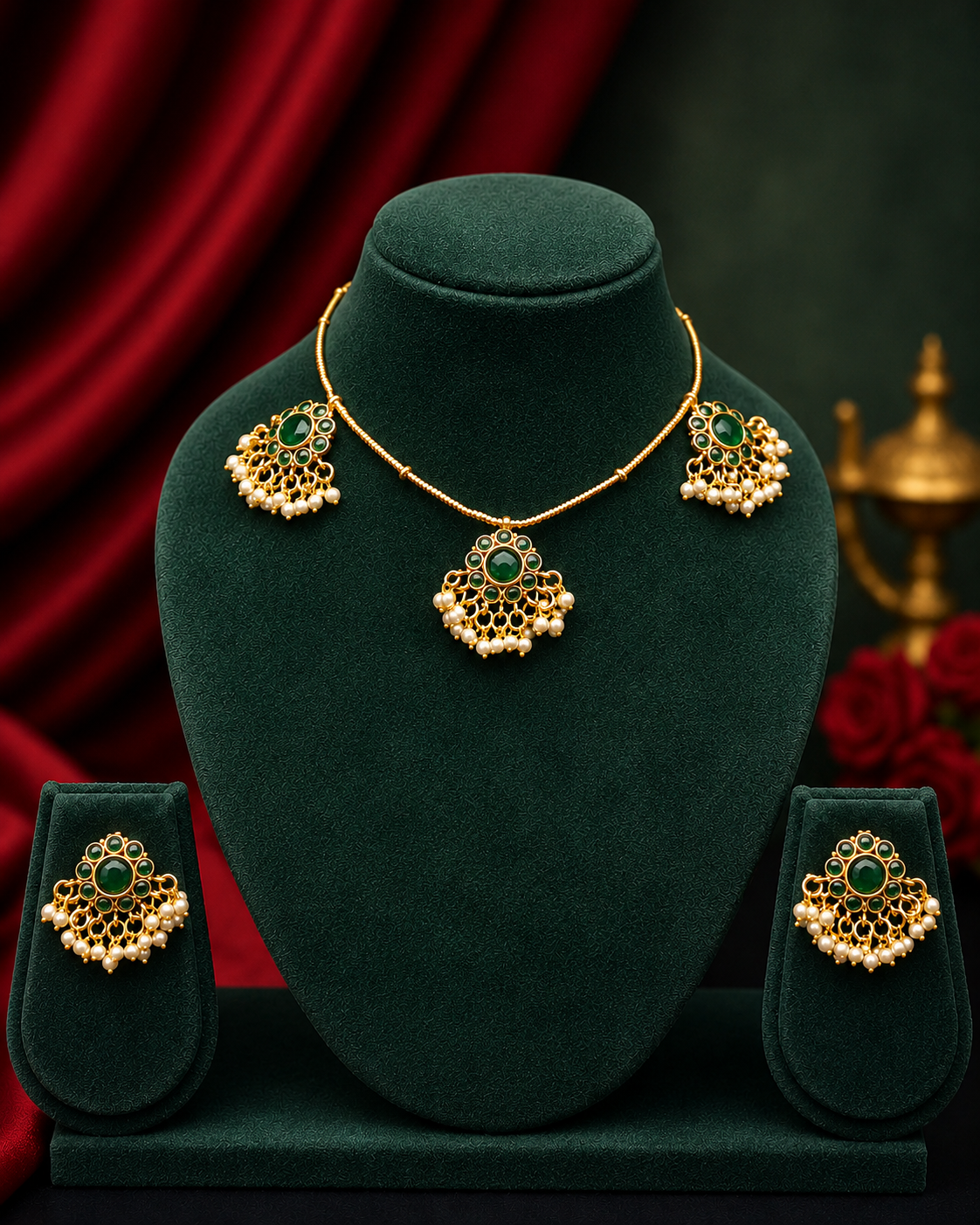 Kemp Emerald Temple Necklace Set with Pearl Drops | OLDZN1
