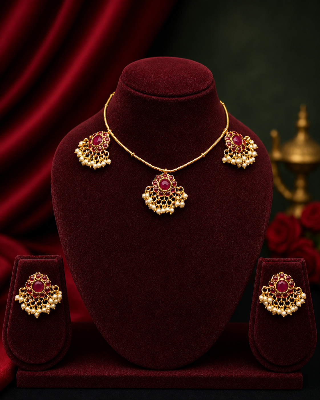 Kemp Emerald Temple Necklace Set with Pearl Drops | OLDZN1
