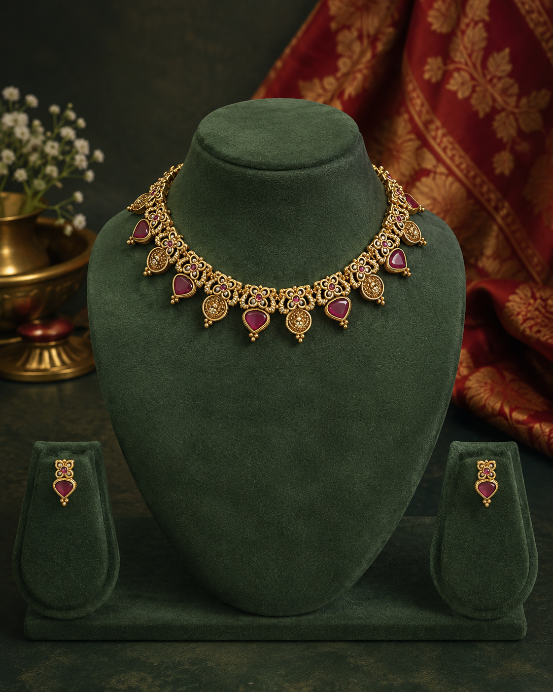 Nakshi Kemp Ruby Necklace Set with Earrings | OLDZN2