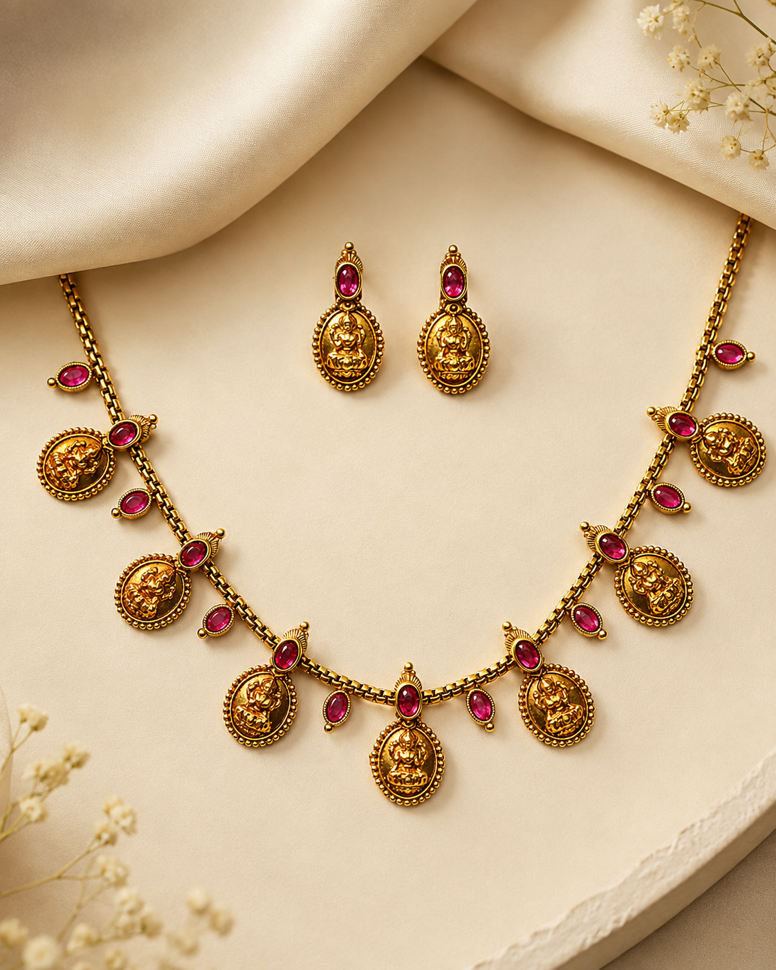 Gold-toned jewelry set with a necklace and matching earrings, decorated with oval and teardrop-shaped pink gemstones, arranged on a cream satin fabric background with small dried flowers.