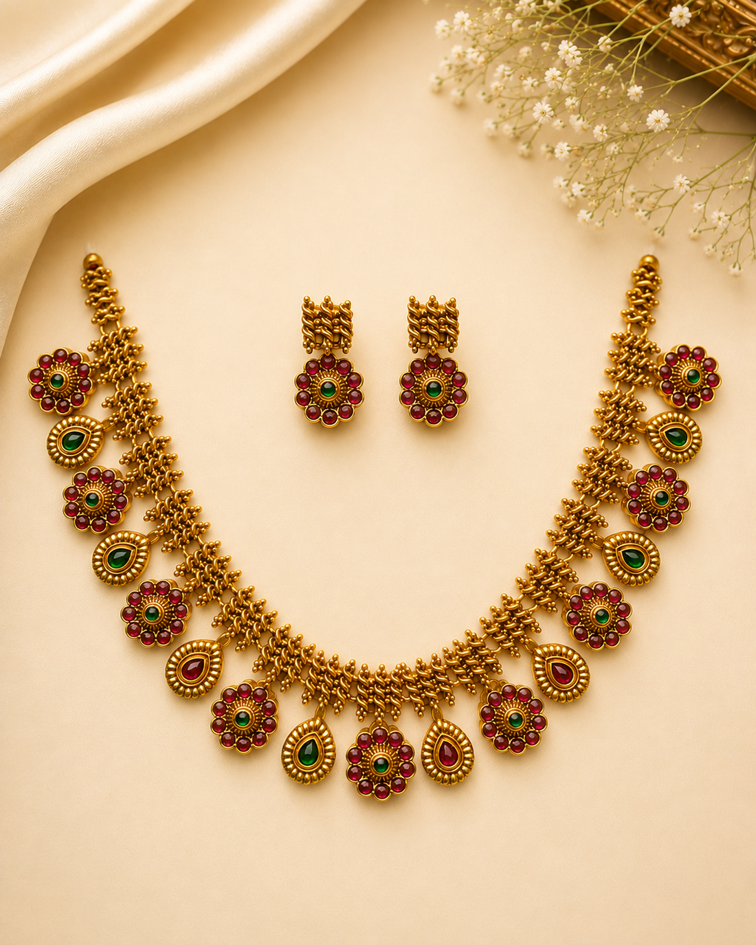 A woman wearing an ornate gold-toned traditional necklace with red and green stone accents and matching drop earrings, shown in a warm indoor setting.