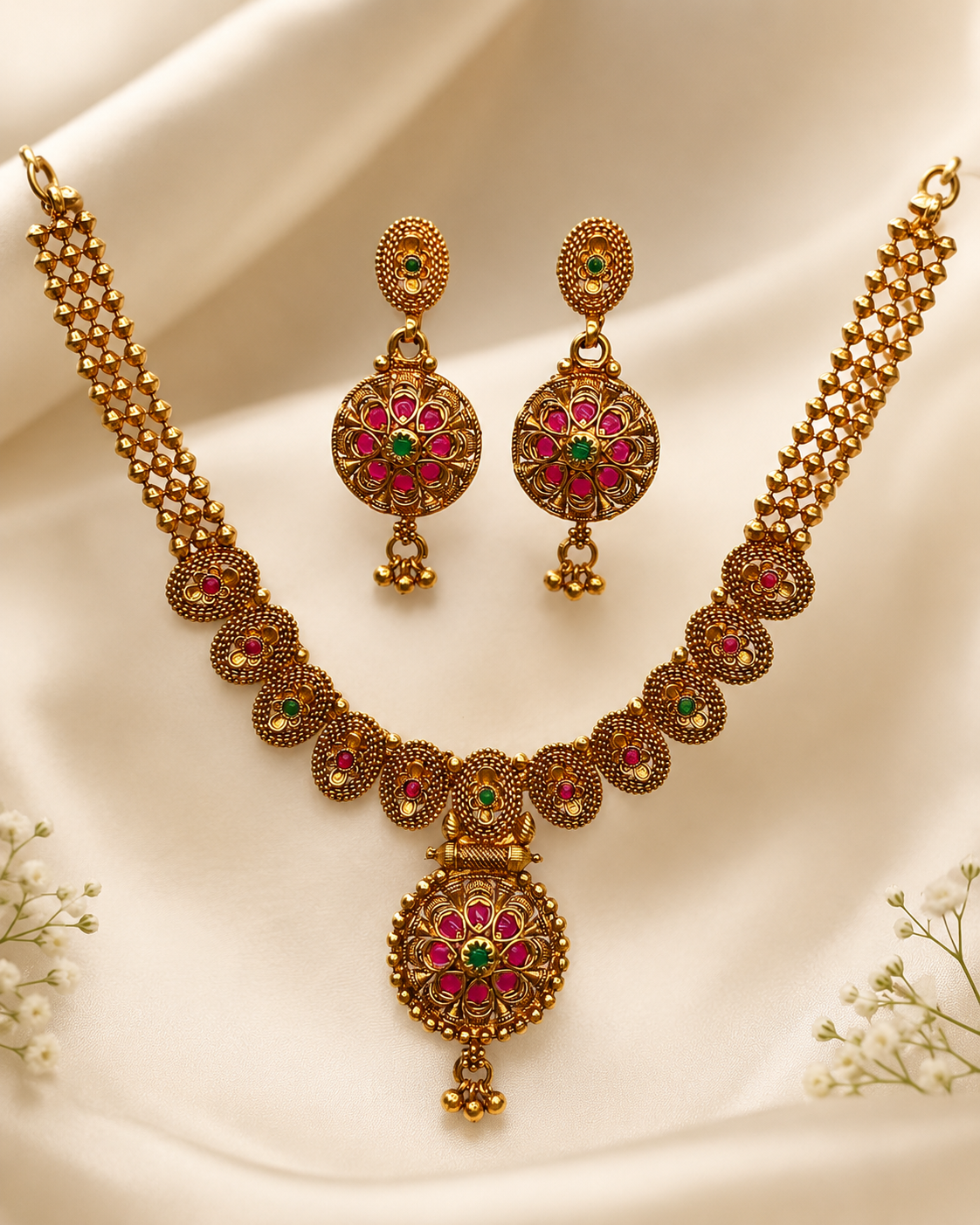 Antique Gold Floral Medallion Necklace Set with Earrings | OLDZN6