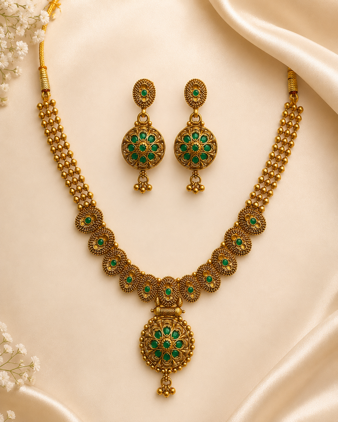 Antique Gold Floral Medallion Necklace Set with Earrings | OLDZN6