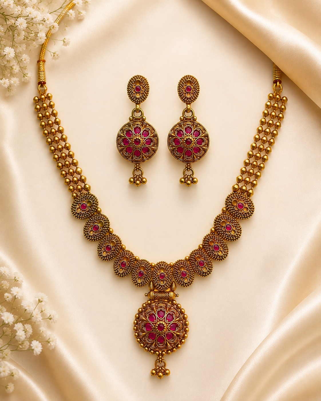Antique Gold Floral Medallion Necklace Set with Earrings | OLDZN6