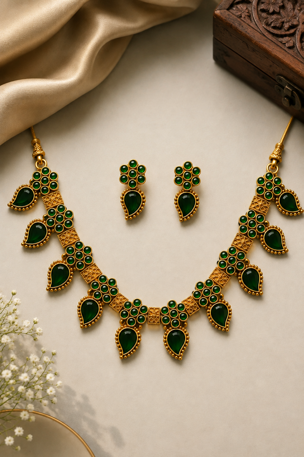 A woman wearing a gold and green jewelry set with a matching necklace and earrings, paired with a green blouse and a beige saree, set against a warm beige background.