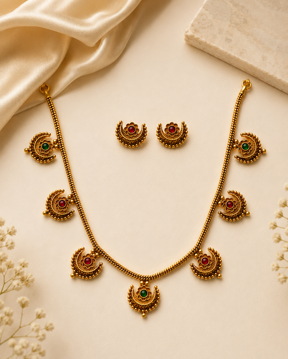 Antique Gold Crescent Moon Temple Necklace Set with Earrings | OLDZN8