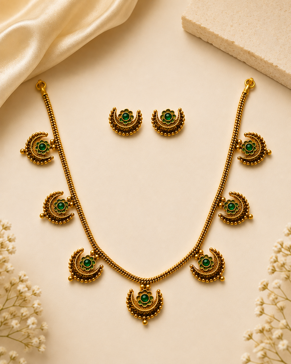 A woman wearing a gold-toned necklace and matching earrings with green stone accents, paired with a beige sari. The jewelry is shown in a close-up portrait against a softly blurred warm neutral background.