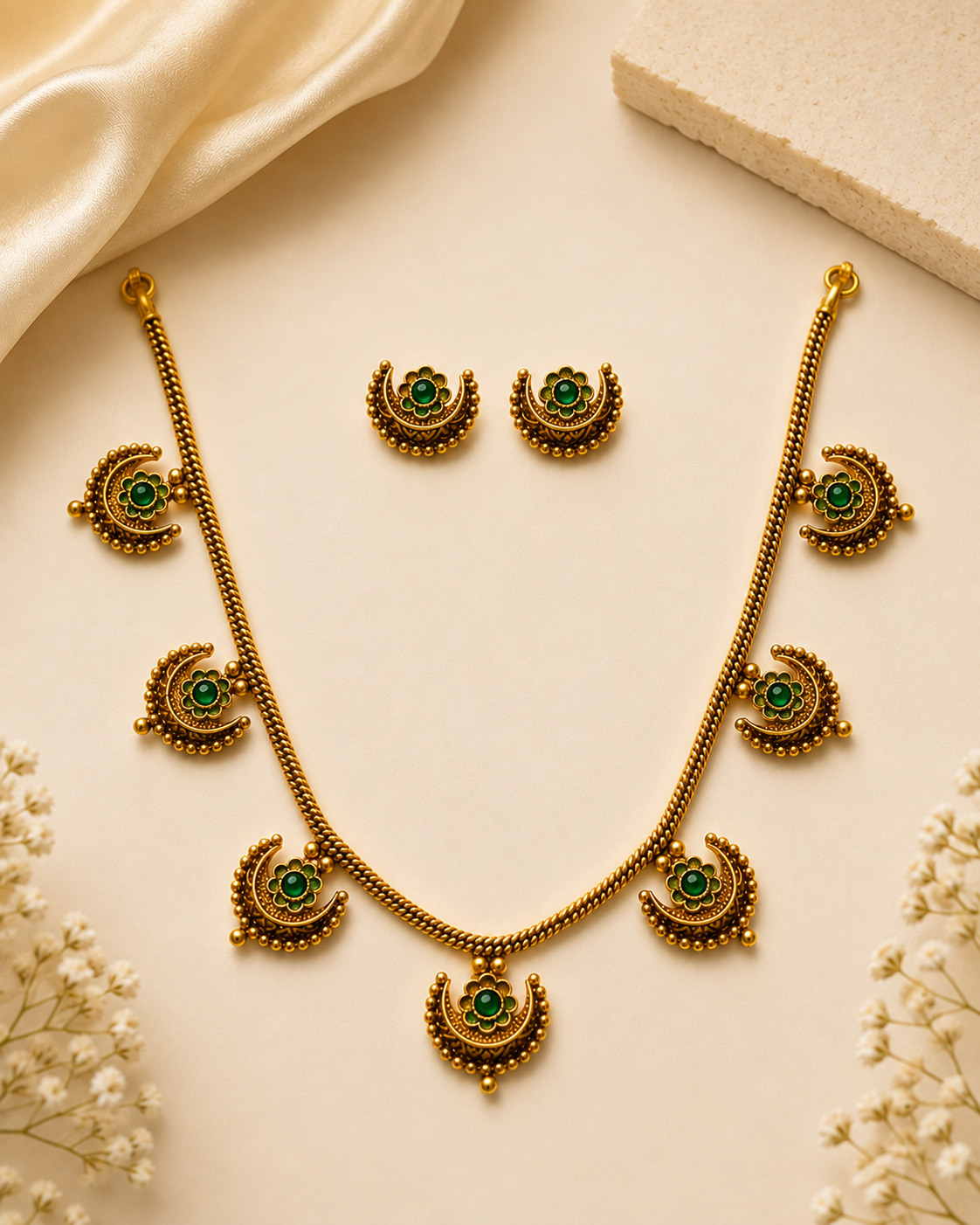 Antique Gold Crescent Moon Temple Necklace Set with Earrings | OLDZN8