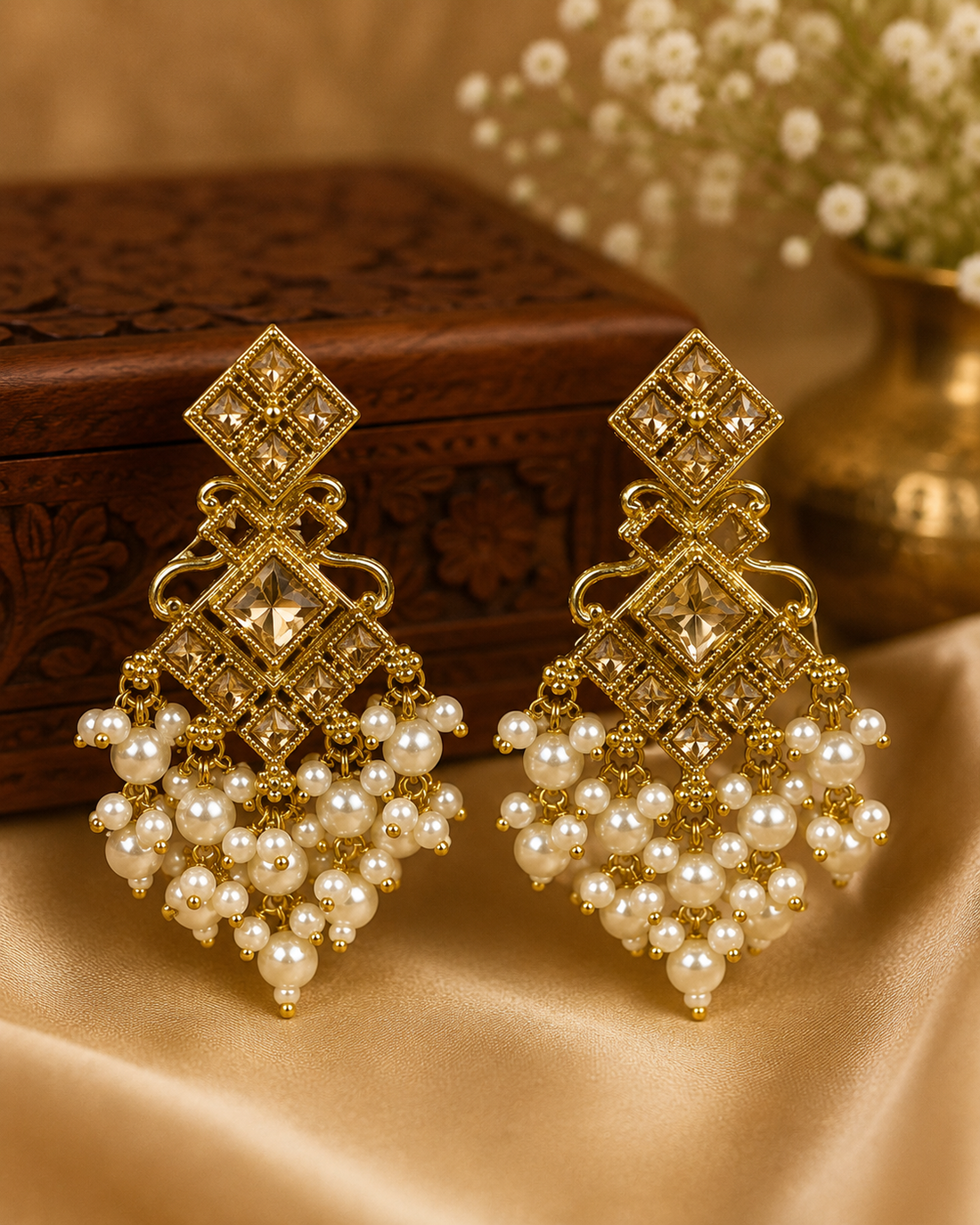 A woman wearing a large, ornate gold-toned dangle earring with white pearl-like beads, shown in a close-up portrait. She is wearing a beige embroidered sari, and the background is a softly blurred warm indoor setting.