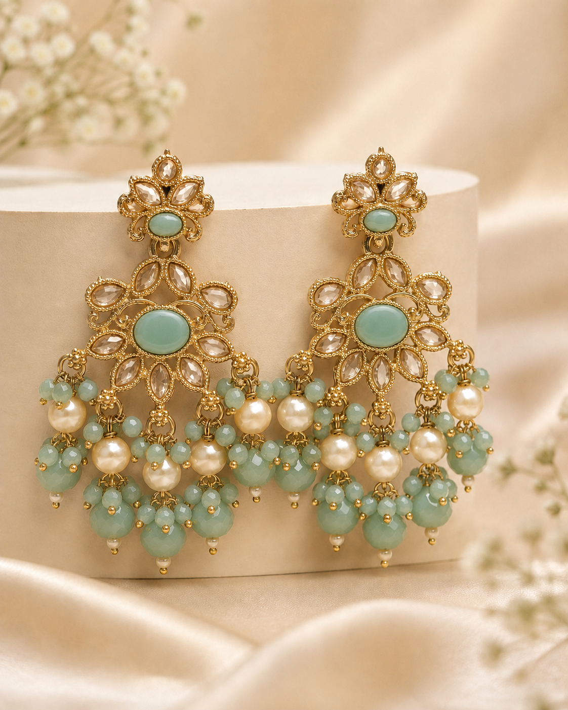 Gold Black Onyx Polki Kundan Filigree Chandelier Earrings with Pearl Crystal Drops | OLS13