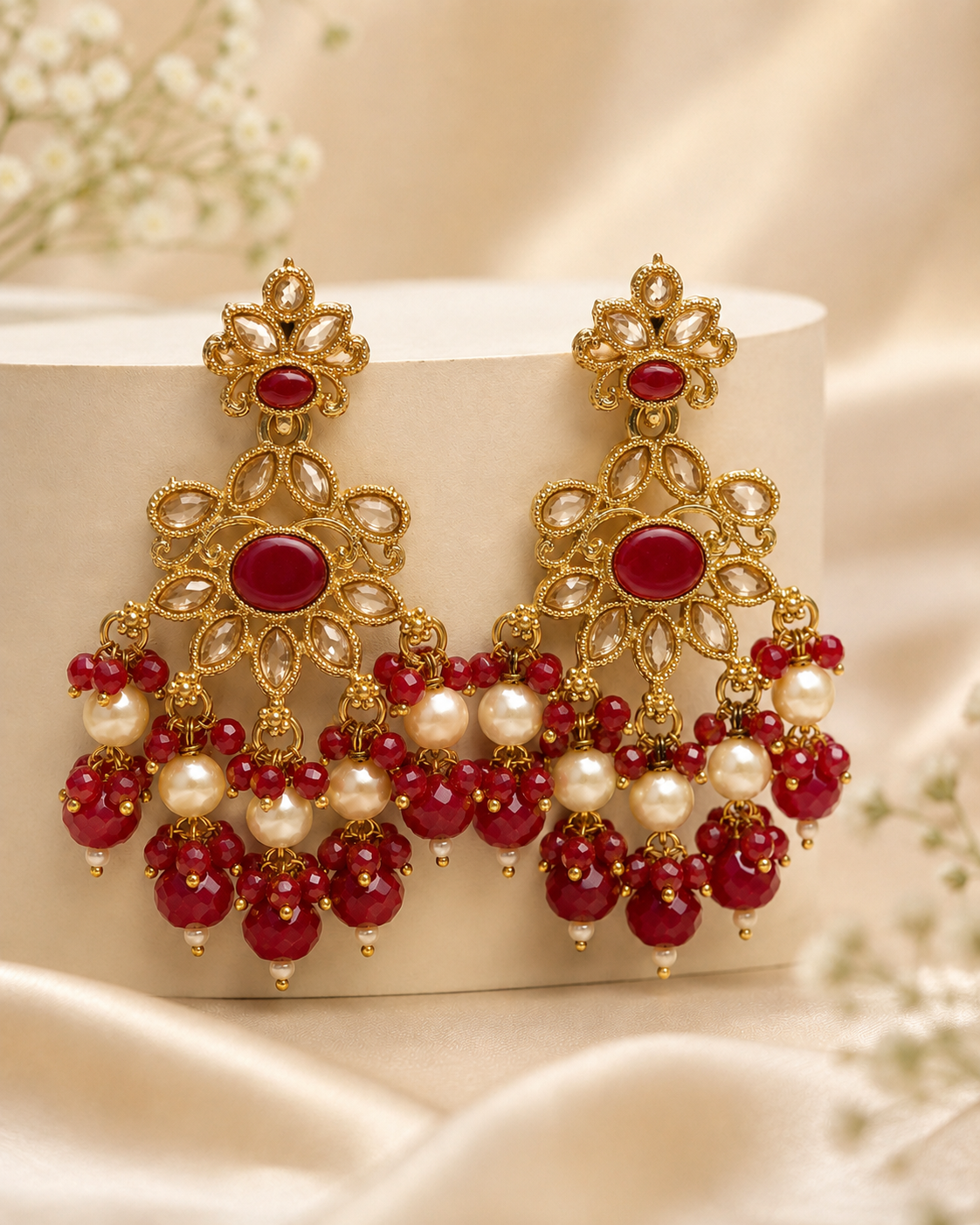 Gold Black Onyx Polki Kundan Filigree Chandelier Earrings with Pearl Crystal Drops | OLS13