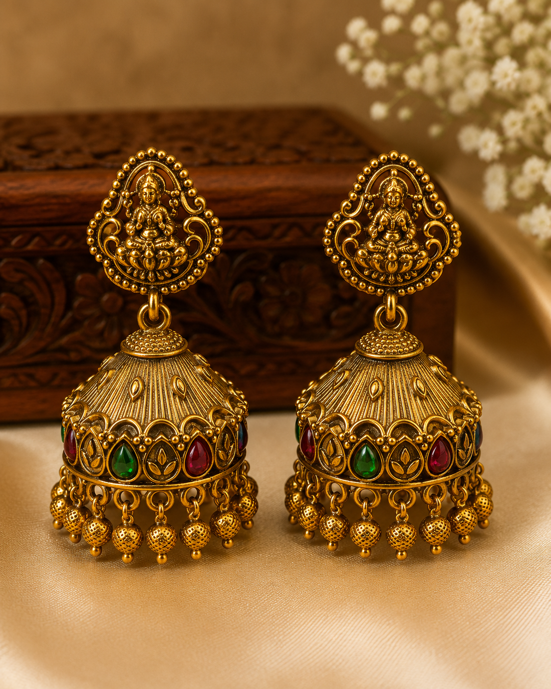 A woman in a beige traditional outfit wearing a large ornate gold jhumka earring with red, green, and blue stone accents, photographed in warm indoor lighting.