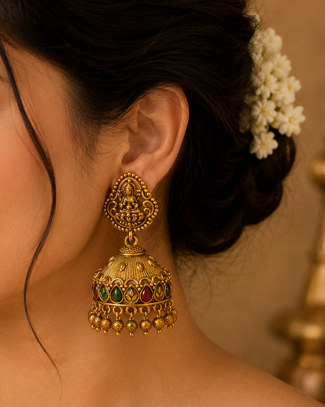 A woman in a beige traditional outfit wearing a large ornate gold jhumka earring with red, green, and blue stone accents, photographed in warm indoor lighting.