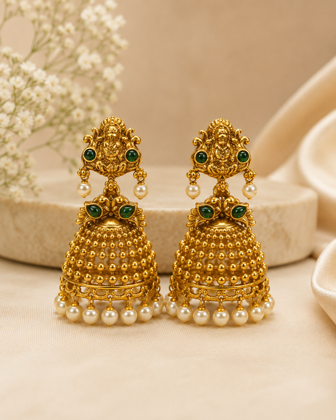 A pair of traditional Indian gold jhumka earrings adorned with green stone eyes, white pearl beads, and a small gold deity motif at the top, displayed on a neutral beige surface with soft floral props.