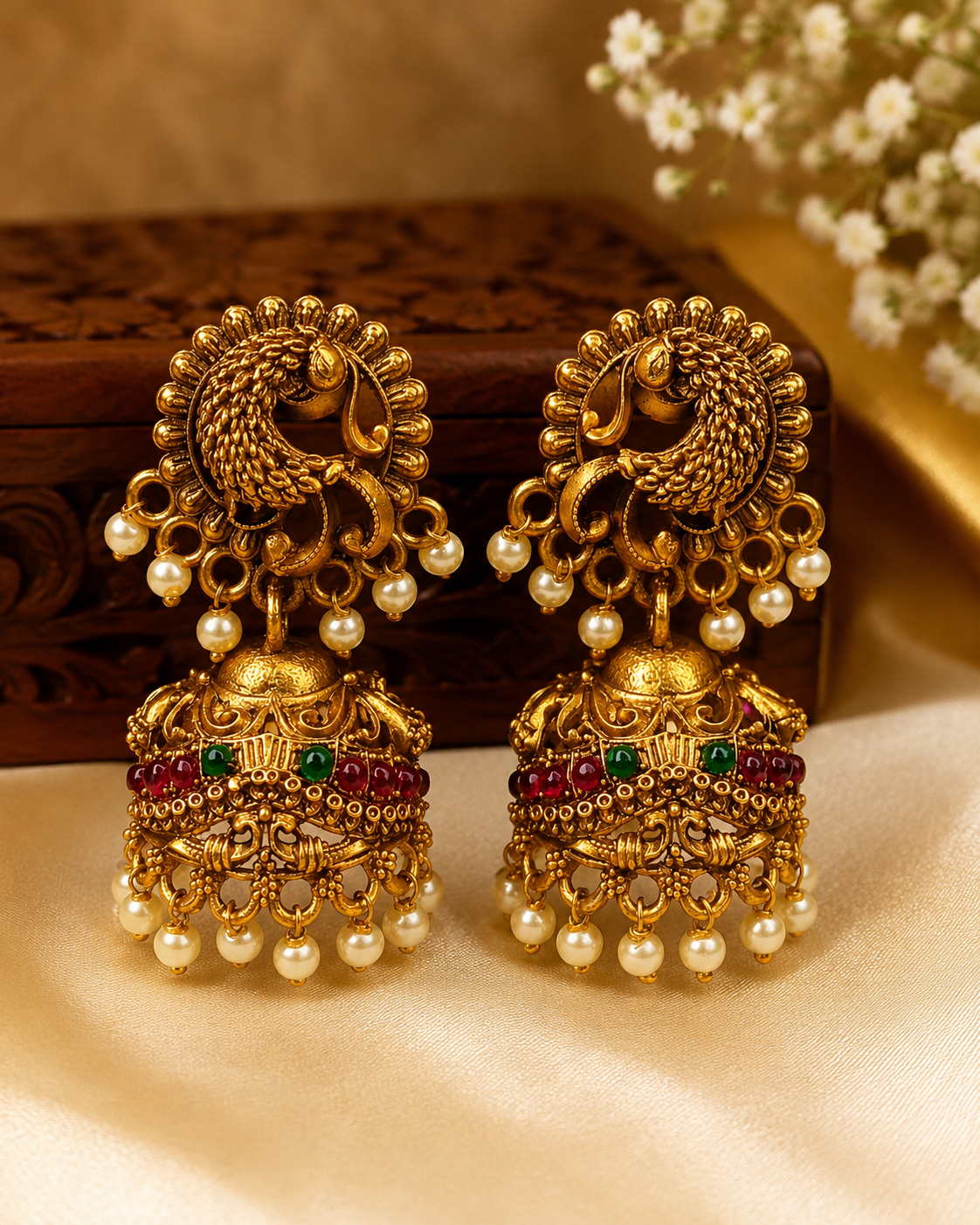 Antique gold peacock crescent stud ruby emerald kemp square filigree scroll dome jhumka earrings with seed pearl drops on wooden carved display