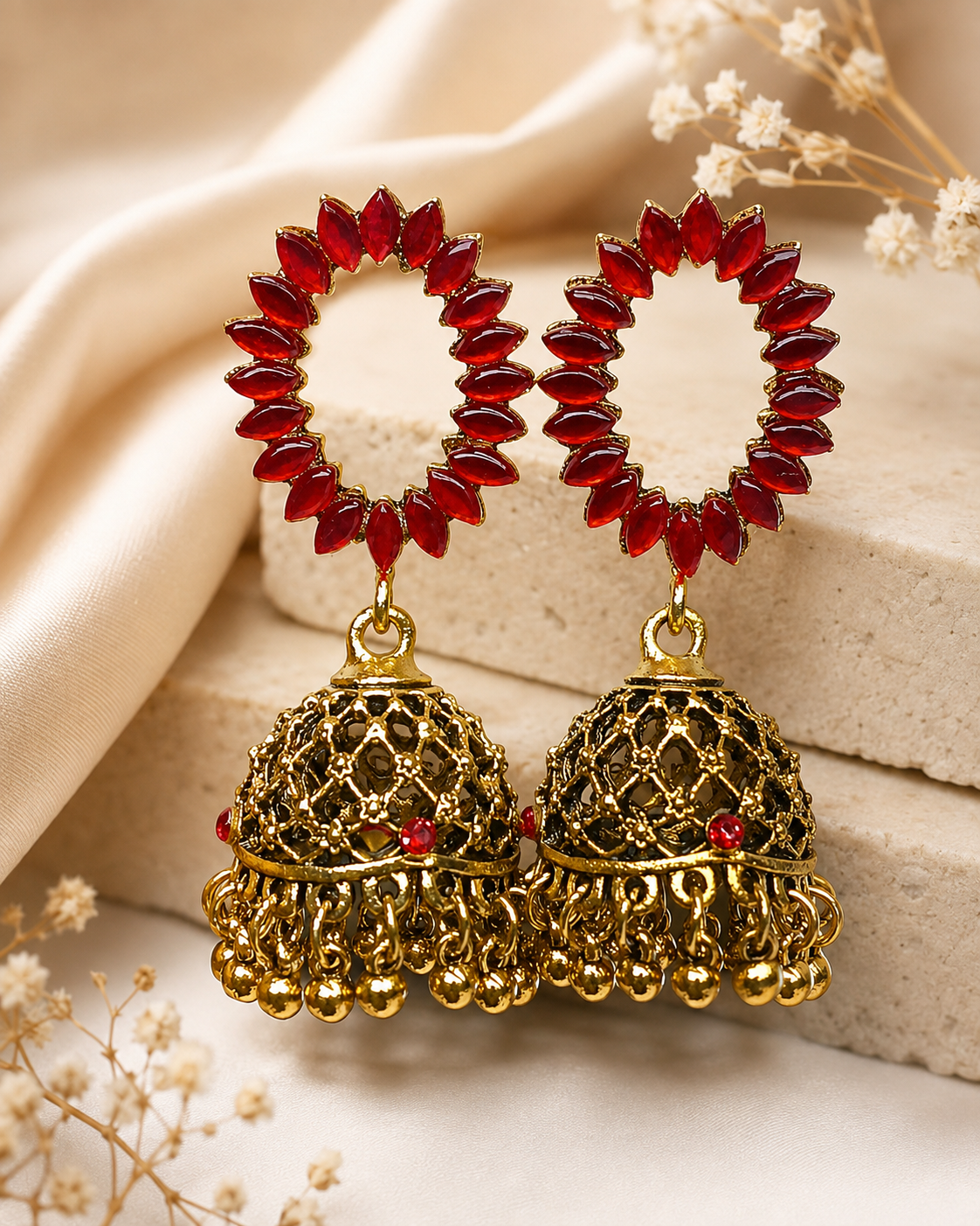 Ruby Marquise Hoop Jhumka Earrings Antique Gold Filigree - P1 | OLS18