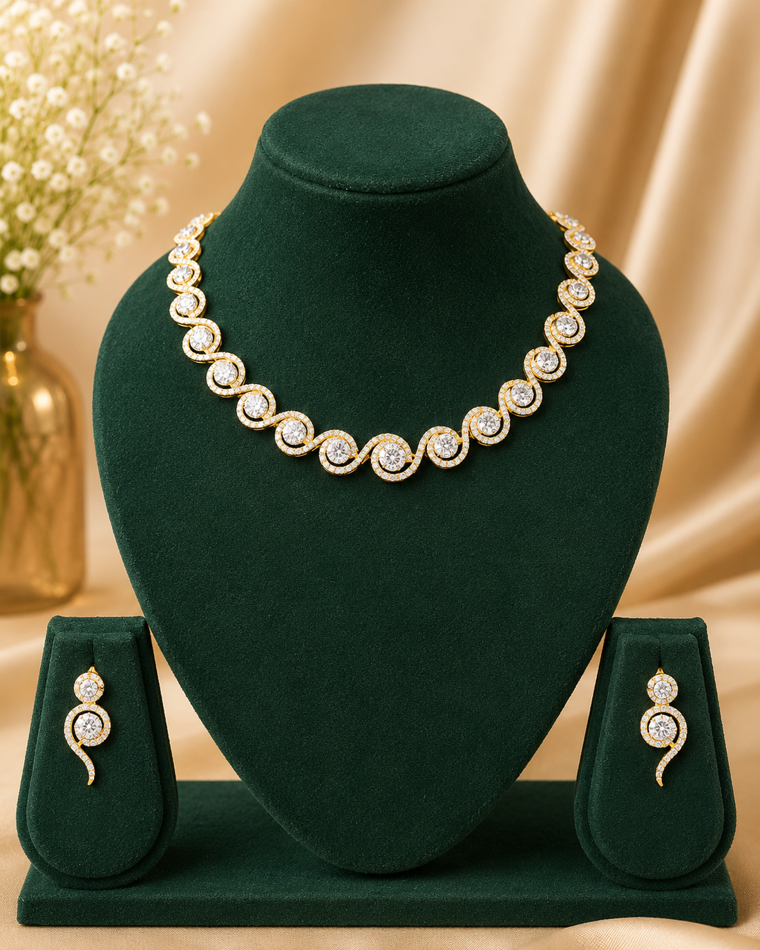 Gold CZ Pave Swirl Round Brilliant Necklace Set | OLT1