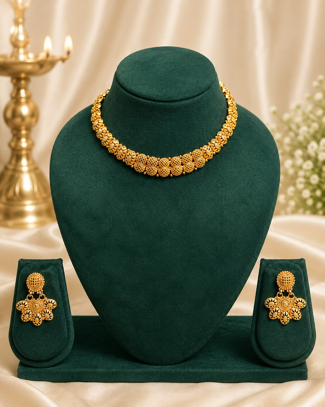 Antique Gold Filigree Ball Choker Necklace Set with Floral Earrings | OLT10