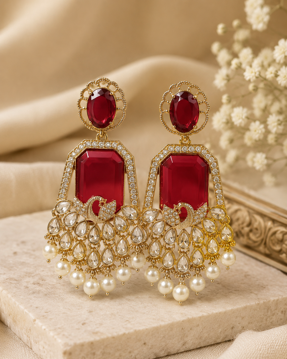 Gold Deep Ruby Emerald-Cut Polki Peacock Drop Earrings | OLT113