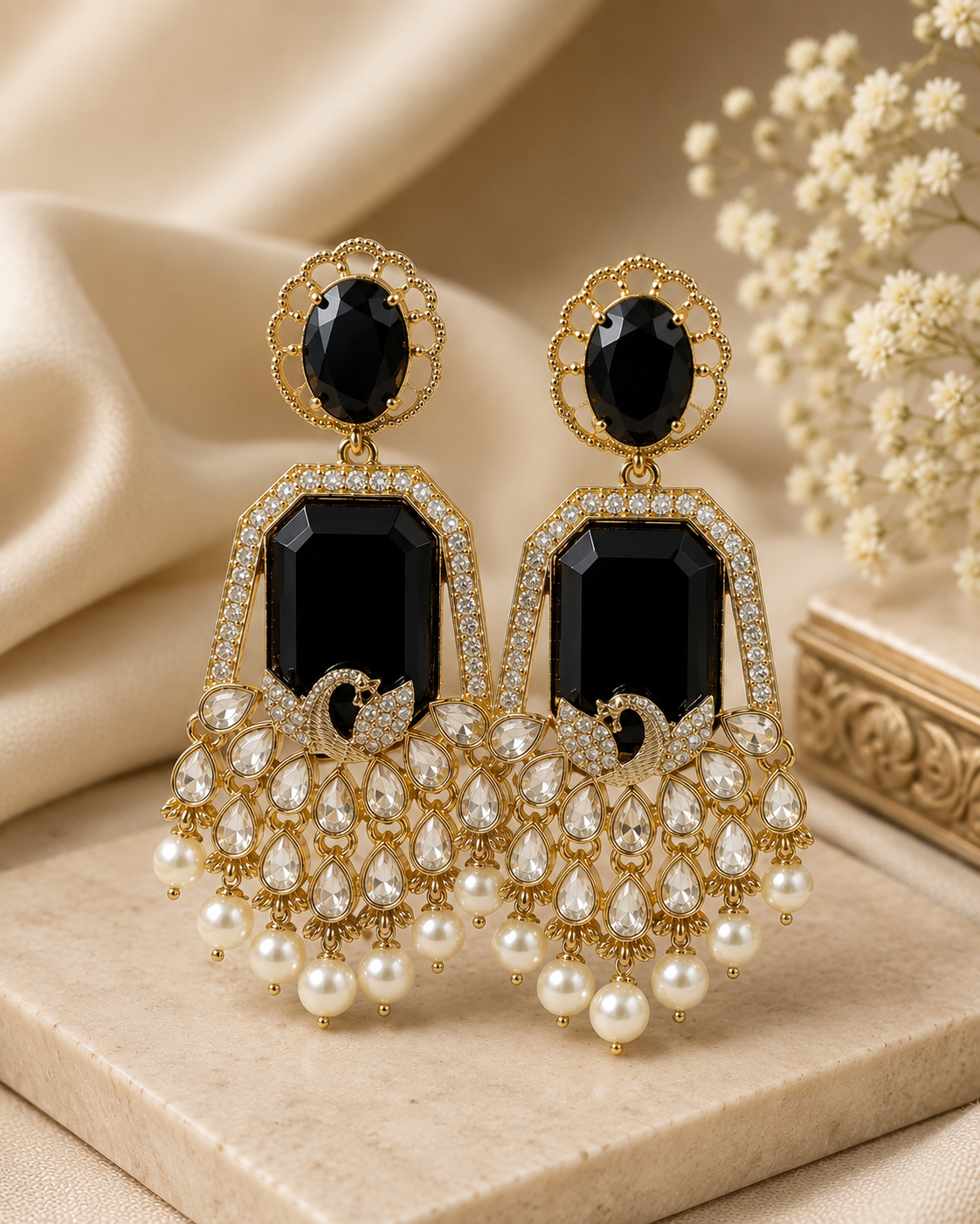 Gold Deep Ruby Emerald-Cut Polki Peacock Drop Earrings | OLT113