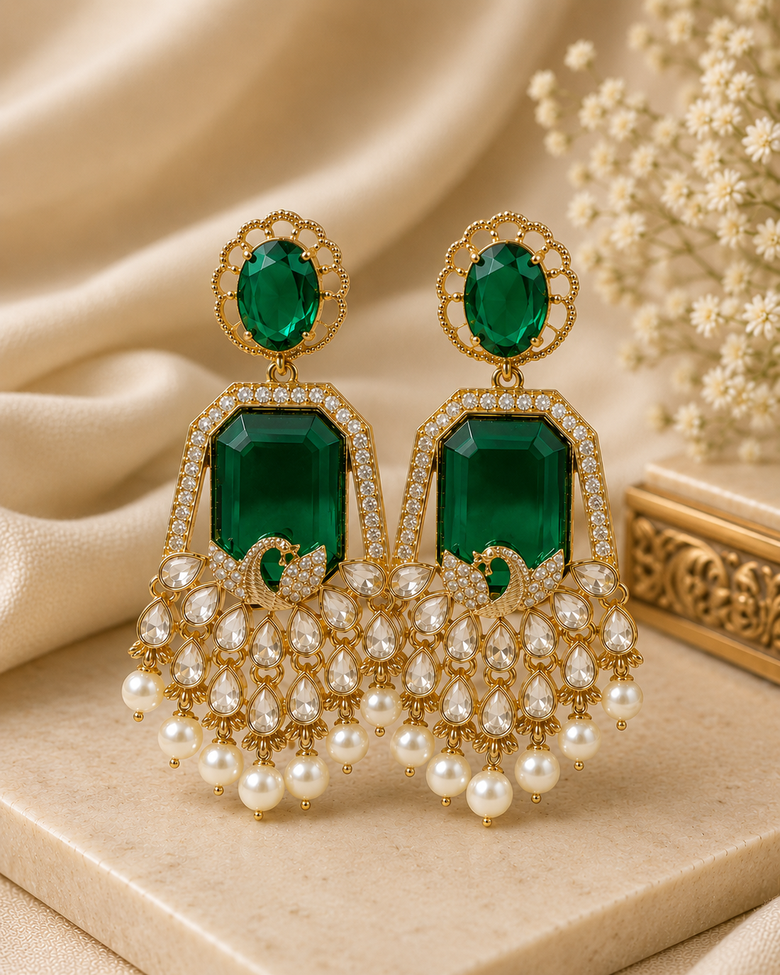 Gold Deep Ruby Emerald-Cut Polki Peacock Drop Earrings | OLT113