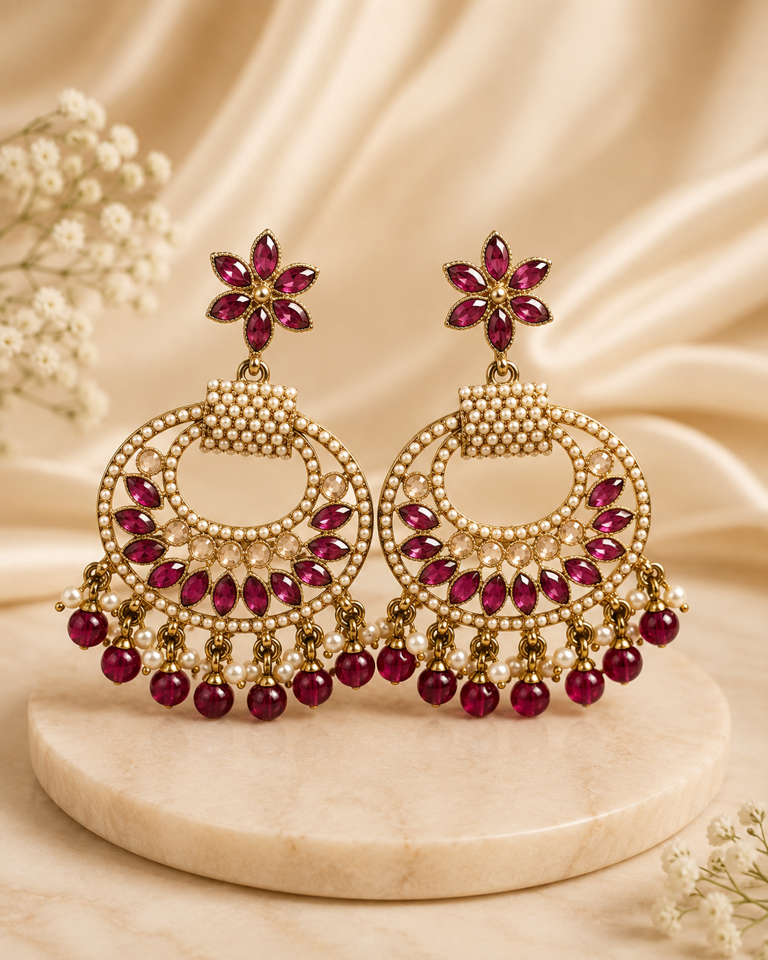 A pair of ornate gold-toned dangle earrings with deep pinkish-red gemstone floral studs and beaded circular drops, displayed on a round marble pedestal against a draped cream satin background.